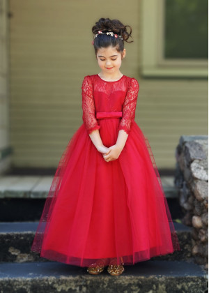 Illusion Sweetheart Neck Red Lace Tulle Floor Length Flower Girl Dress